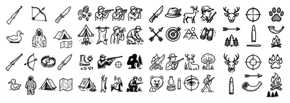 Outdoor icons with hunter deer tent outline