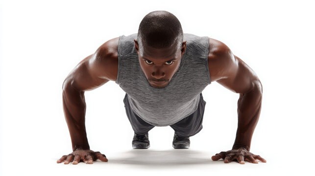Man doing pushups isolated on white background with focused expression