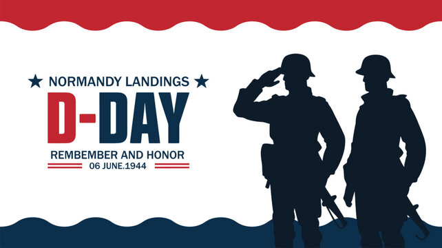 d day normandy landings remembrance banner with soldier silhouettes patriotic memorial world war ii commemoration vector illustration design artwork