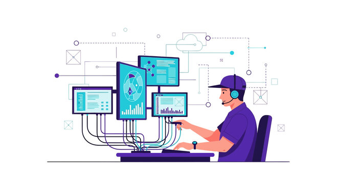 IT Support Technician Working with Multiple Monitors and Data Analysis
