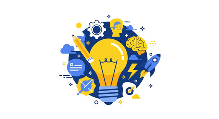 Obraz premium Innovation and Creative Idea Concept Flat Vector Illustration with Light Bulb, Rocket, Brain, and Gear Icons