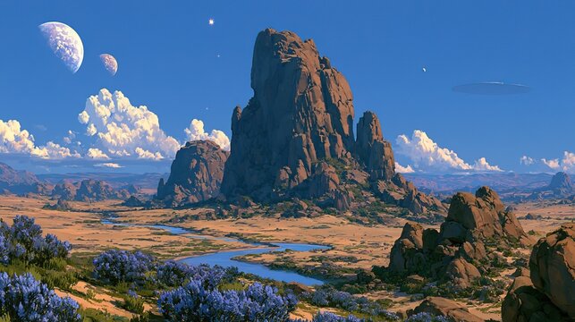 Sci-Fi Extraterrestrial Desert Landscape with Giant Rocky Monoliths, Winding River, Blue Alien Flora, Multiple Celestial Bodies and UFO in Clear Bright Sky, Fantasy Planetary Wilderness Vista