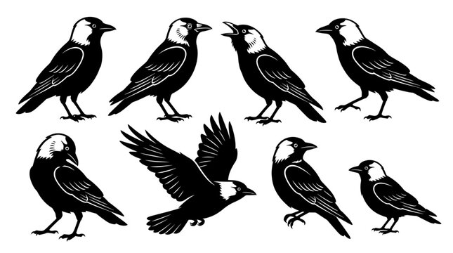 Black and white vector silhouette set of Jackdaw