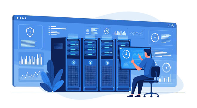 IT professional managing server room with digital dashboard analytics