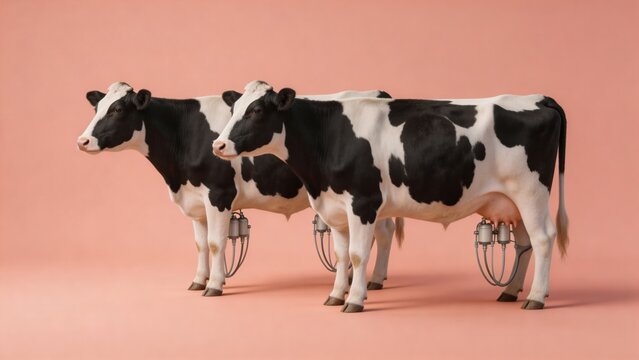 A studio shot of three cows with udder support devices standing on a pink background, highlighting cow milk production and dairy farming.