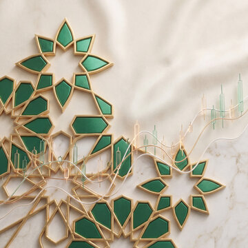 Elegant Geometric Islamic Pattern Motif in Gold and Emerald Green Merged with Financial Candlestick Chart on Cream Background Sharia Banking Concept