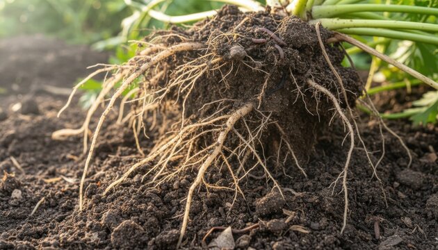 Uprooted plant root ball with soil and tangled roots.