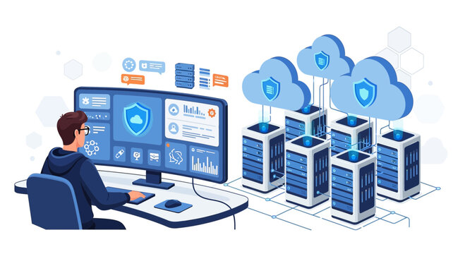 IT Professional Monitoring Cloud Servers and Cybersecurity Dashboard
