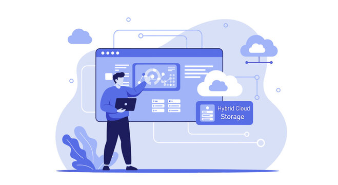 Hybrid cloud storage concept, data management, business technology, network illustration