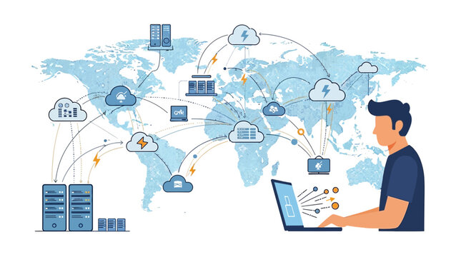 Global Cloud Computing Network with Man on Laptop