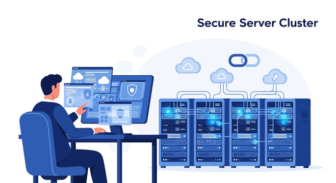 IT Professional Monitoring Secure Server Cluster with Data Security Icons