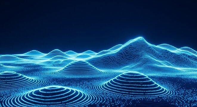 Abstract Blue Digital Landscape Terrain 3D Render Illustration with Glowing Point Cloud Data Visualization and Neon Particles for Futuristic Technology Background and AI Concepts