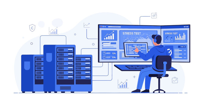 IT administrator monitoring server stress test on multiple monitors in data center