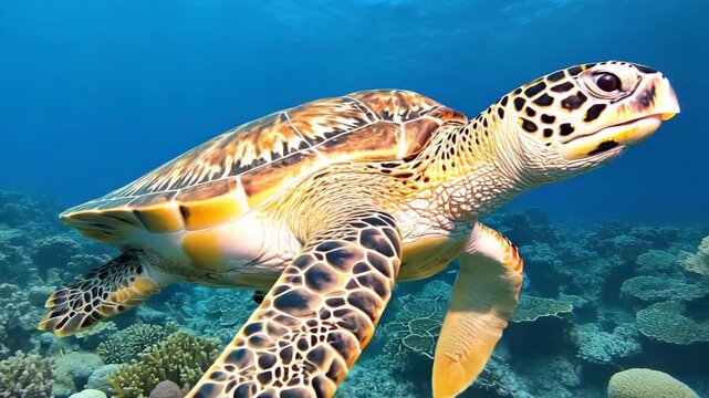 Sea turtle swimming over a colorful coral reef in clear blue tropical water for marine biology, nature concept