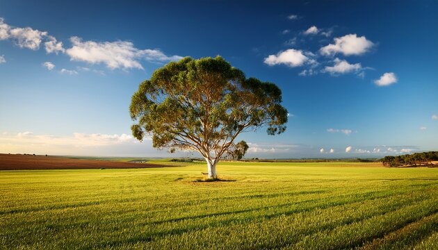 single eucalyptus tree in vast open field