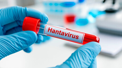 Fototapeta premium Scientist holding a hantavirus blood sample test tube in a medical laboratory for infectious disease diagnosis