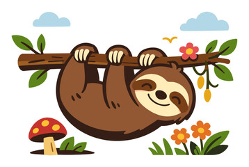 Obraz premium Cute brown sloth hanging upside down from a tree branch, enjoying the tranquil nature surroundings with a relaxed smile