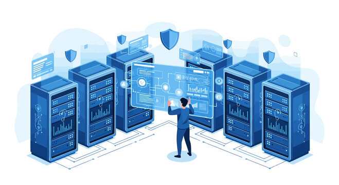 IT administrator managing server rack data center with futuristic interface
