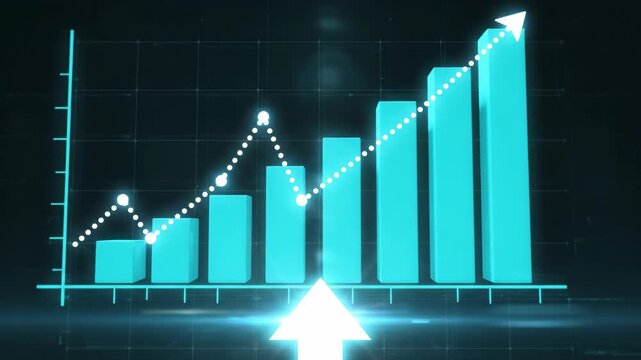 Blue glowing bar chart and line graph with upward arrow