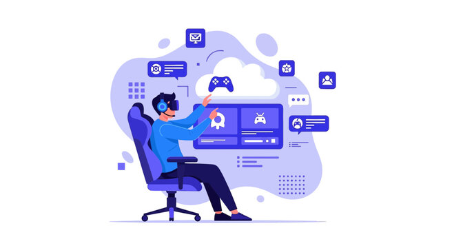 Gamer using VR headset, cloud gaming, virtual reality, entertainment, technology concept