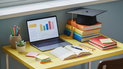 Naklejka premium Desk with laptop displaying charts books and graduation cap representing education learning and academic success.
