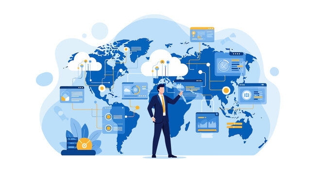 Global Business Network - Businessman Connecting to World Data