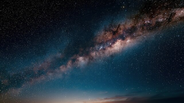 Dazzling Milky Way Galaxy Across Starry Night Sky, Deep Space Cosmic Landscape, Celestial Astronomical View with Twilight Glow on Horizon, Ideal for Wallpaper and Digital Design Projects