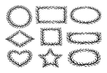 Fototapeta premium Set of dark branch frames and borders in different shapes, perfect for nature, rustic, and decorative design elements