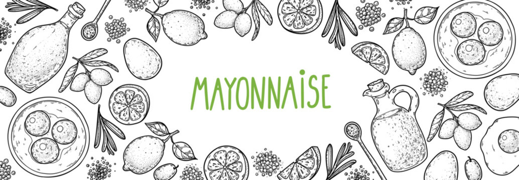 Elegant mayonnaise sauce packaging frame with hand drawn engraving illustration. Detailed vintage sketch border for mayonnaise branding. Vector drawing illustration.