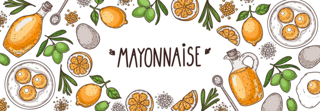 Elegant mayonnaise sauce packaging frame with hand drawn colorful illustration. Detailed border for mayonnaise branding. Vector drawing illustration.