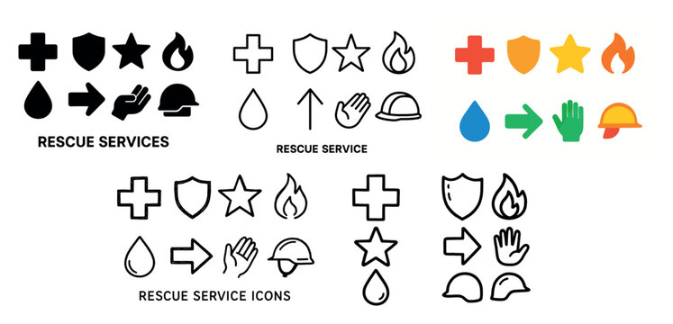 Emergency icons with cross shield flame flat