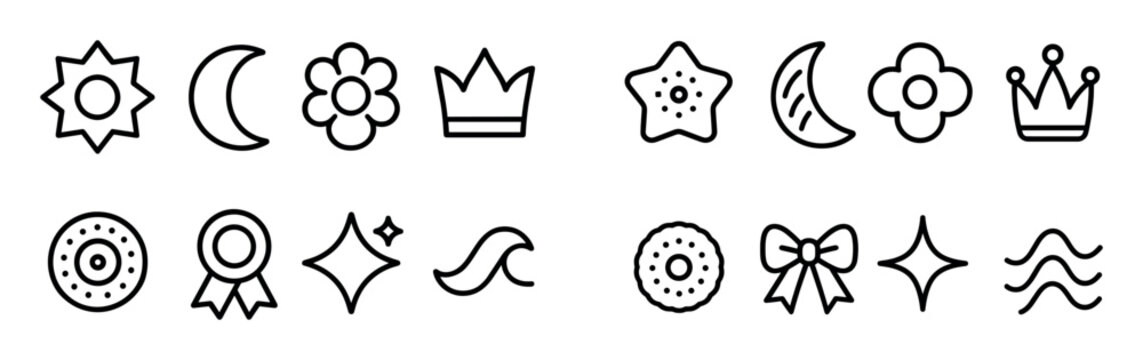 Ornament icons with crown flower star outline