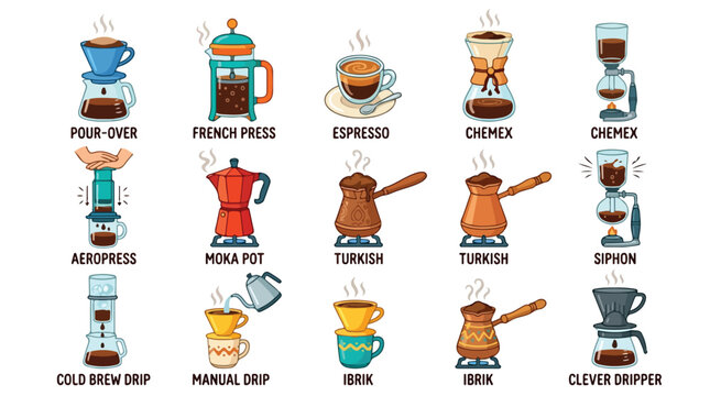 Flat lay illustration of various coffee makers and brewing methods on a clean white background.