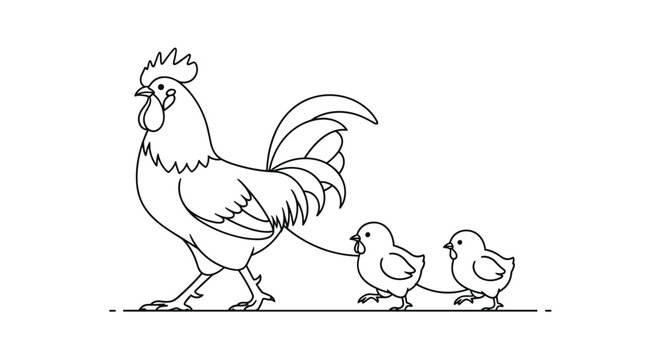 Simple line art illustration of a proud rooster walking across a yard with two small fluffy chicks following behind on the farm.