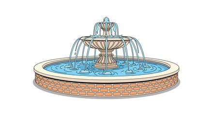 Ornate multi-tiered circular water fountain with cascading streams of blue water and a decorative stone base in a public park. © MD