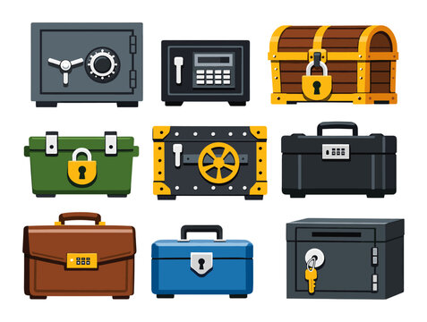 Various secure storage containers including strongboxes, treasure chests, and safes offering safety and privacy for assets