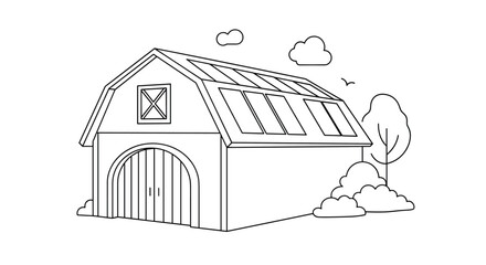 Simple line drawing of a traditional wooden barn with solar panels installed on its roof next to a tree and bushes. © MD