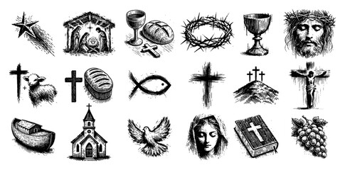 Christian Religious Icons Mega Set with Jesus Christ Nativity Cross Bible Church and Holy Symbols Hand Drawn Sketch Vector © JakubVectorSketch