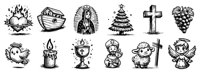 Obraz premium Christian Religious Icons Set with Cross Angel Lamb Noah's Ark and Virgin Mary Cute Cartoon Style Vector