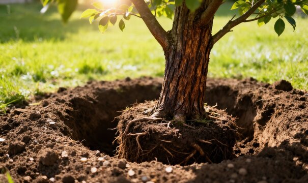 A young tree being planted into a freshly dug hole in the soil on a sunny day.