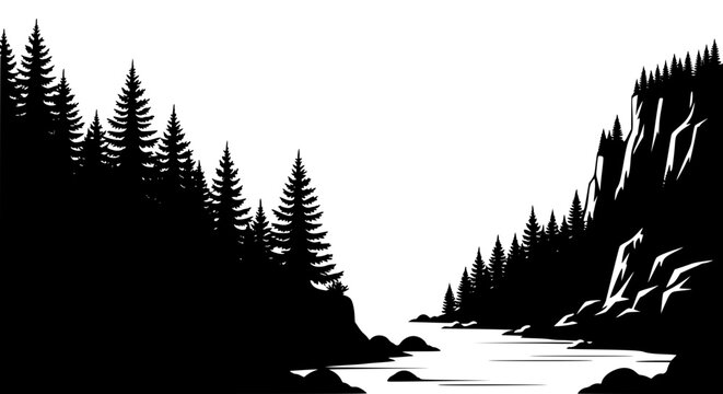 Black and White Silhouette of Pine Tree Forest Landscape with River and Cliffs