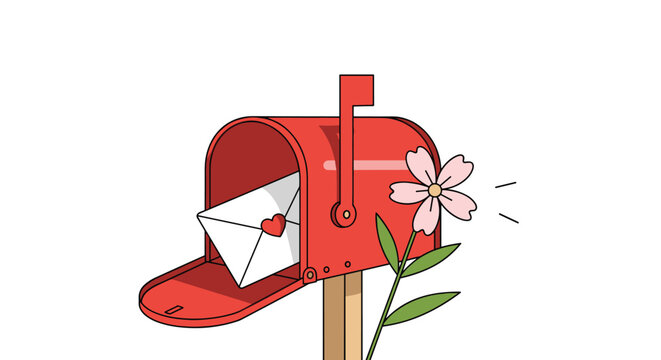 Charming illustration of a red metal mailbox with its door open containing an envelope and a pink flower growing beside it.