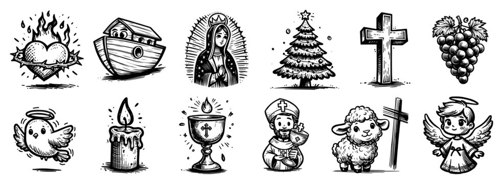 Christian Religious Icons Set with Cross Angel Lamb Noah's Ark and Virgin Mary Cute Cartoon Style Vector