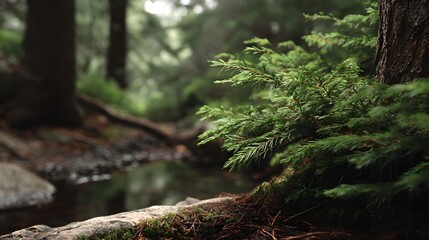 Fototapeta premium A serene view of a forest stream flowing through lush woods highlighted by sunlight filtering through the dense canopy