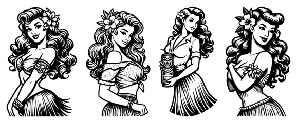 Vintage Hula Girl Pin-up Set Hawaiian Tropical Dancer Retro Tiki Style Vector Illustration © JakubVectorSketch