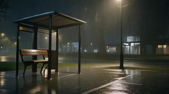 Empty bus stop shelter at night during heavy rain with streetlights and wet pavement
