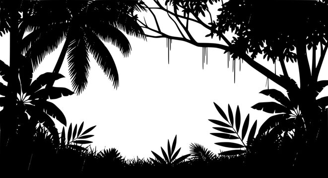 Tropical jungle silhouette background with palm trees and exotic plants