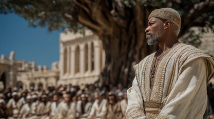 Fototapeta premium Rehoboam stands before the tribes choosing harsh rule, showing how pride rejects wisdom and leads to division instead of unity under wise leadership 