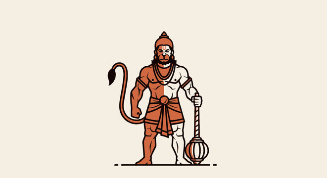 Minimalist vector illustration of Hindu deity Hanuman standing with gada and tail in traditional pose
