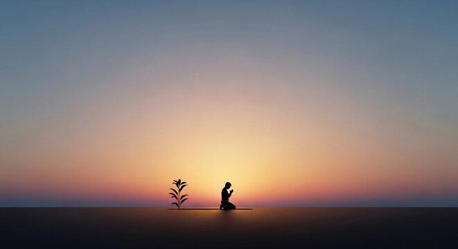 A lone figure kneels in prayer beside a small sapling against a vibrant sunset sky.